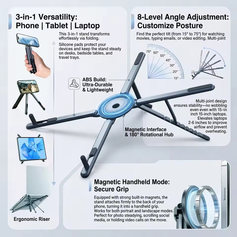 Tablet Stand Accessories - Tragbarer magnetischer Telefonhalter & Selfie-Stick 3-in-1